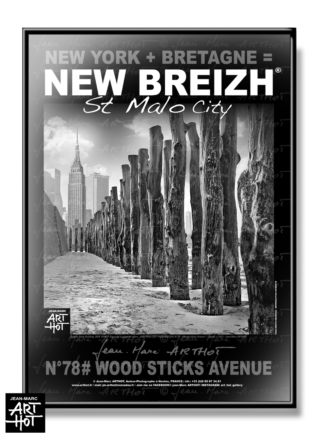 arthot-photo-art-b&w-new-york-bretagne-newbreizh-078-ile-et-vilaine-35-saint-malo-remparts-plage-pieux-bois-tronc-arbres-empire-state-building-AFFICHE